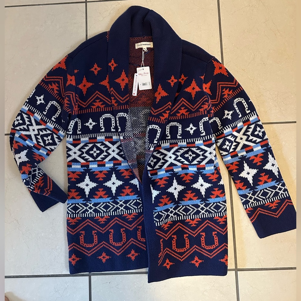 NWT Lucky Brand Southwestern Aztec Open Front Cardigan Sweater.